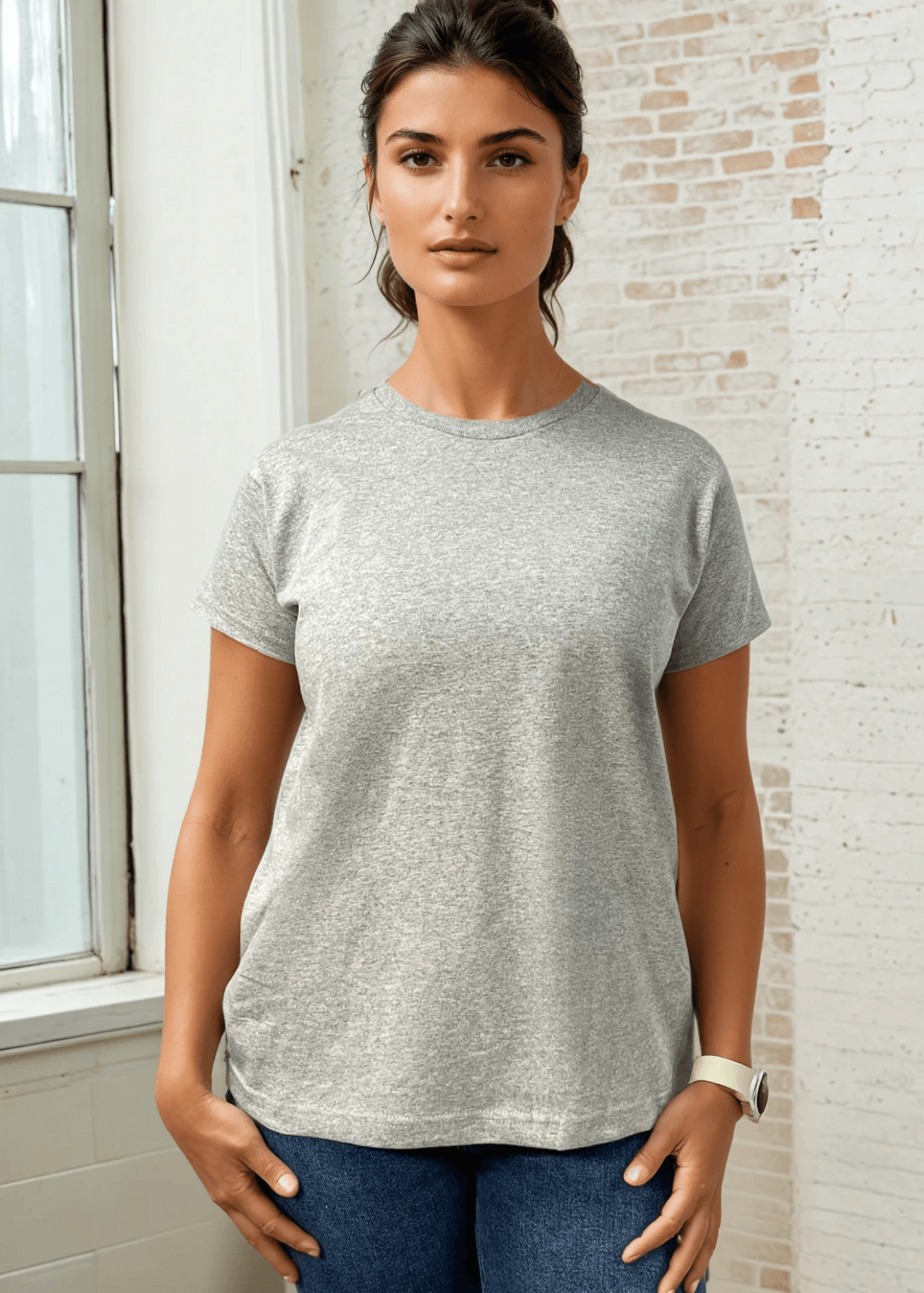 Women's Cotton Crew Neck Crew In Gray Made in USA