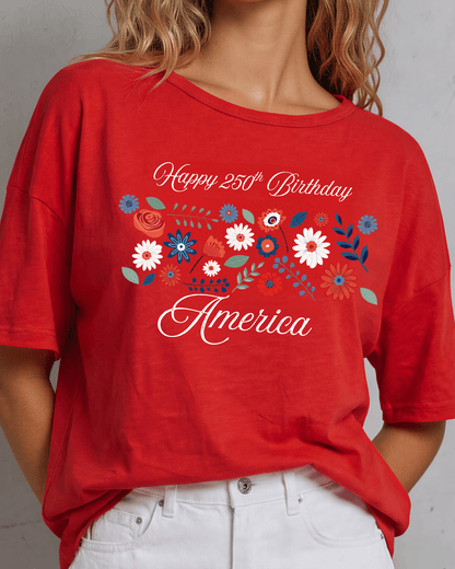 Happy 250th Birthday America Oversized Slub Top in Crimson Red
