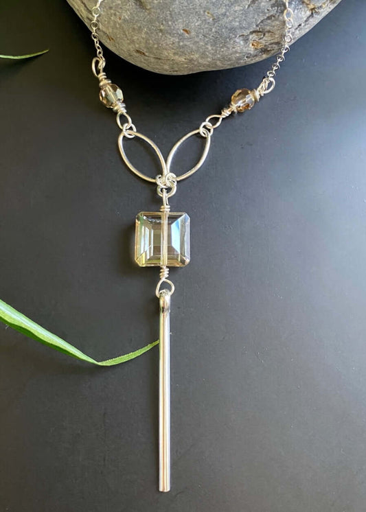 Crystal Drop Bar Necklace Silver Chain Made in USA