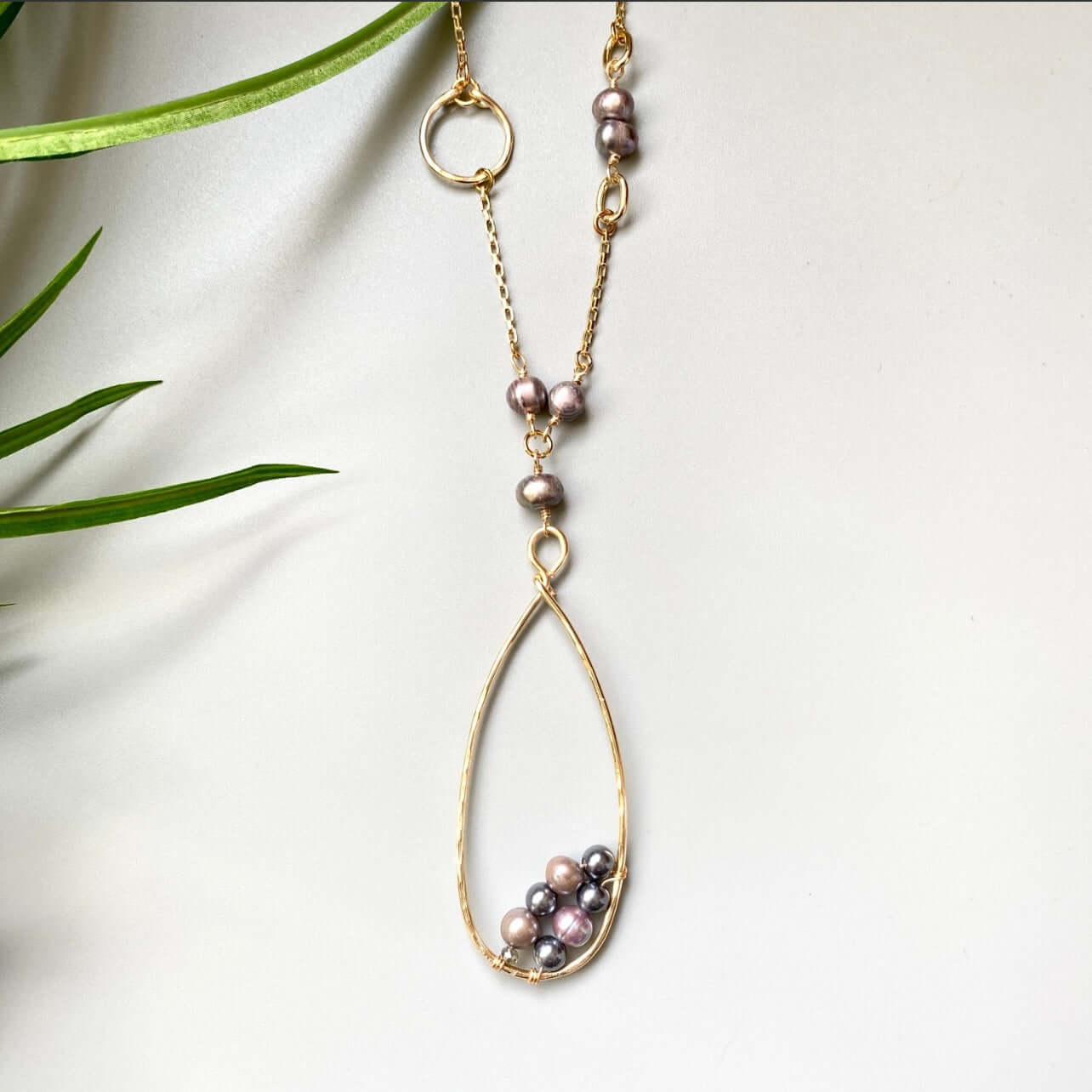 Peacock Pearl and Teardrop Hoop Pendant Necklace Handmade in USA