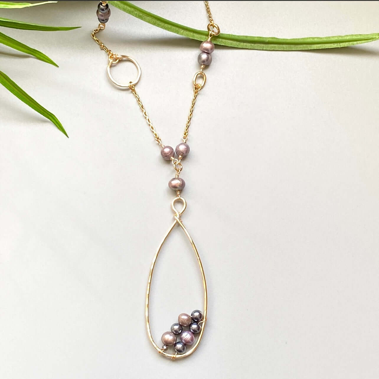 Peacock Pearl and Teardrop Hoop Pendant Necklace Handmade in USA