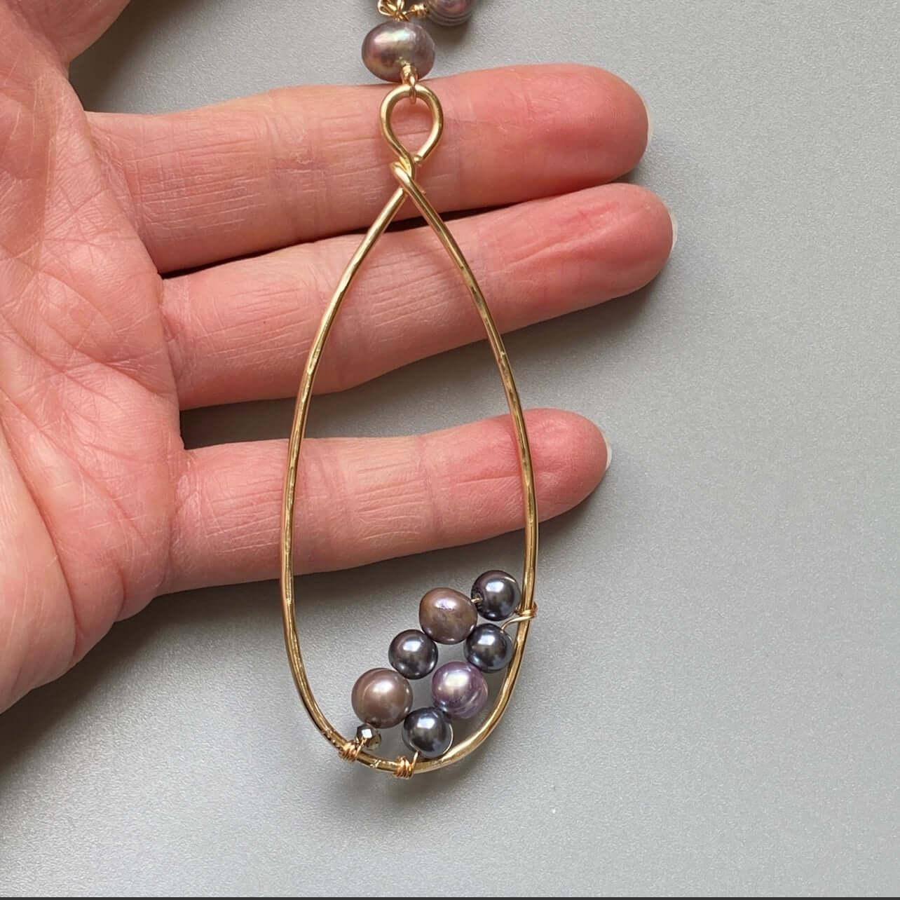 Peacock Pearl and Teardrop Hoop Pendant Necklace Handmade in USA