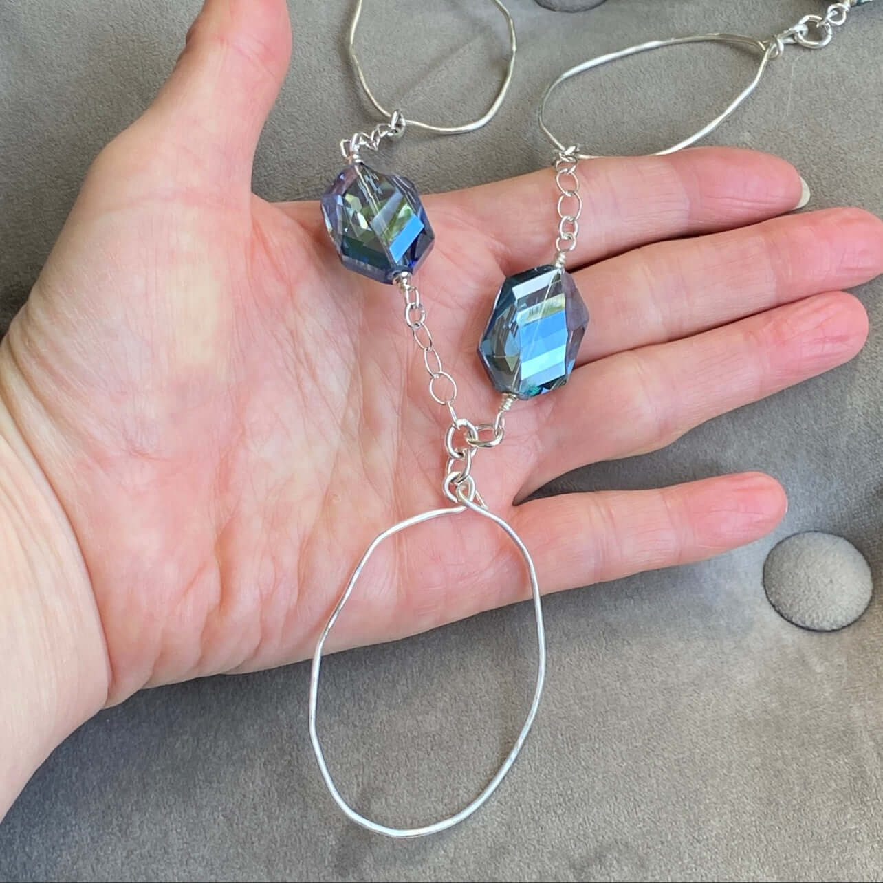 Blue Crystals Hand Crafted Long Drop Necklace Made in USA