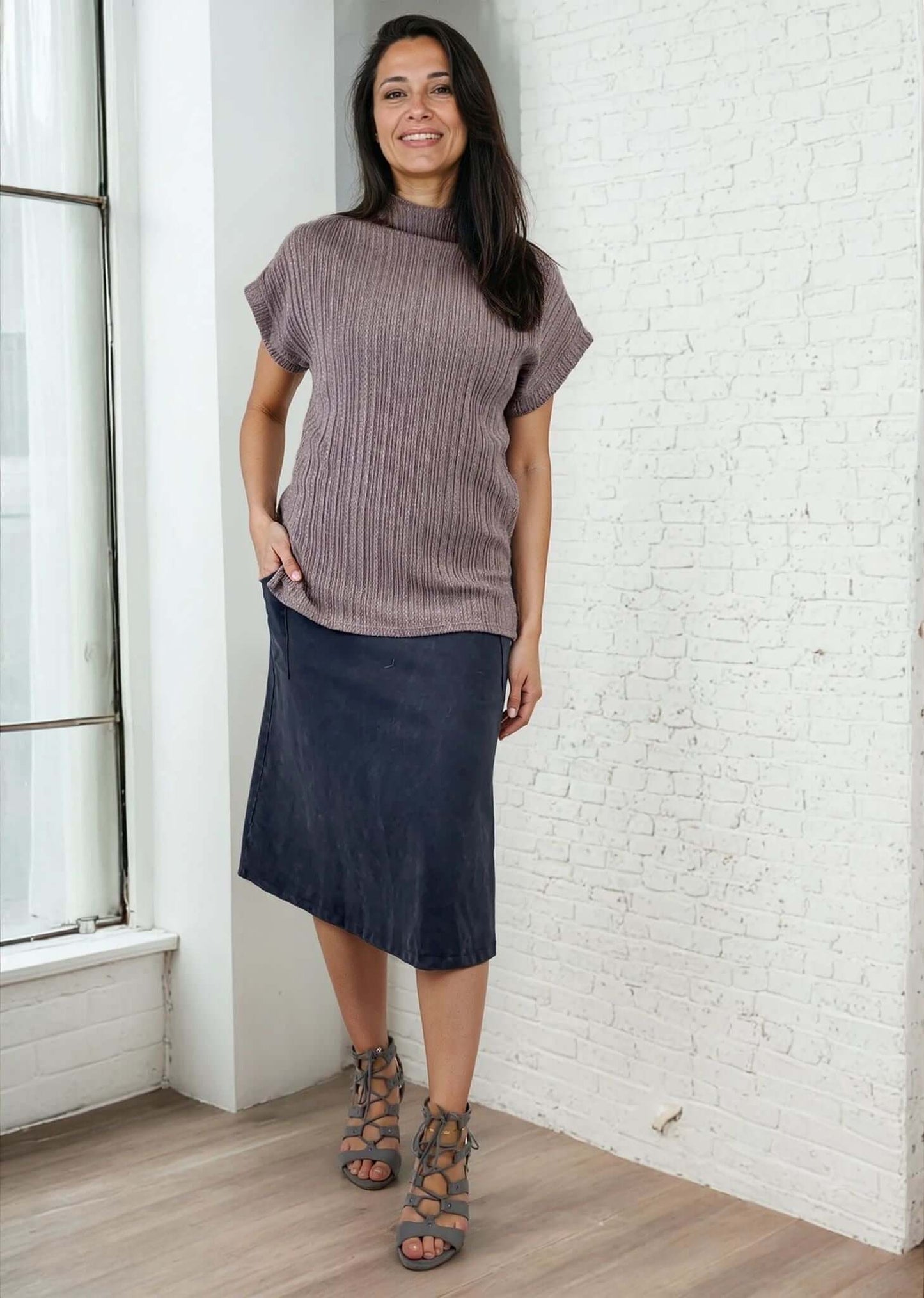 Ashville Versatile Cotton Skirt in Dark Grey-Blue Denim