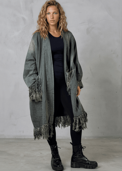 Jaded Gypsy Distressed Denim Fringe Duster