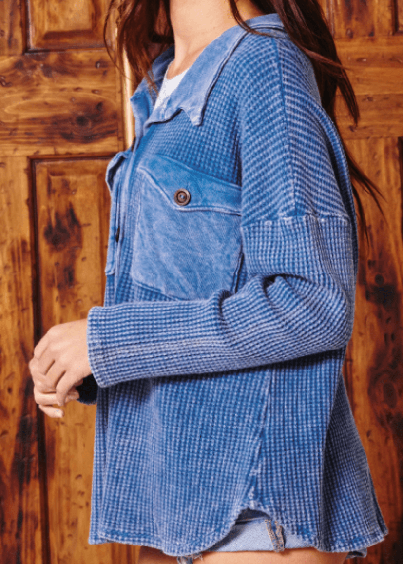Denim Blue Plus Size Vintage Wash Cotton Shacket - CLEARANCE FINAL SALE