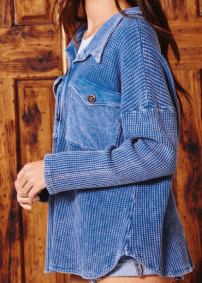 Denim Blue Plus Size Vintage Wash Cotton Shacket - CLEARANCE FINAL SALE