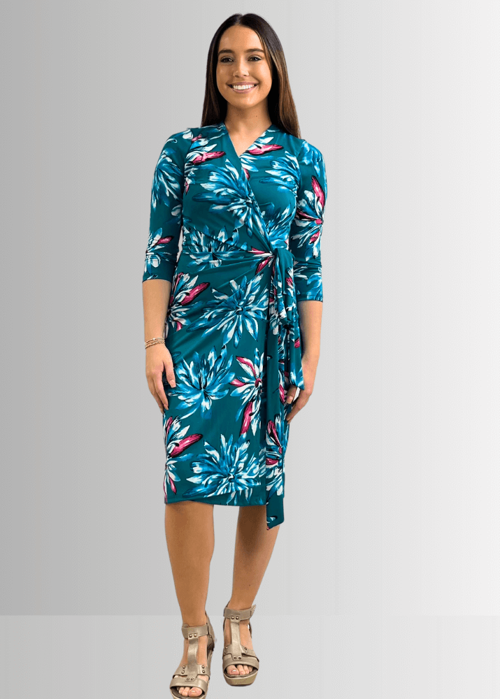 A Feminine Touch Jade Floral Jersey Wrap Dress