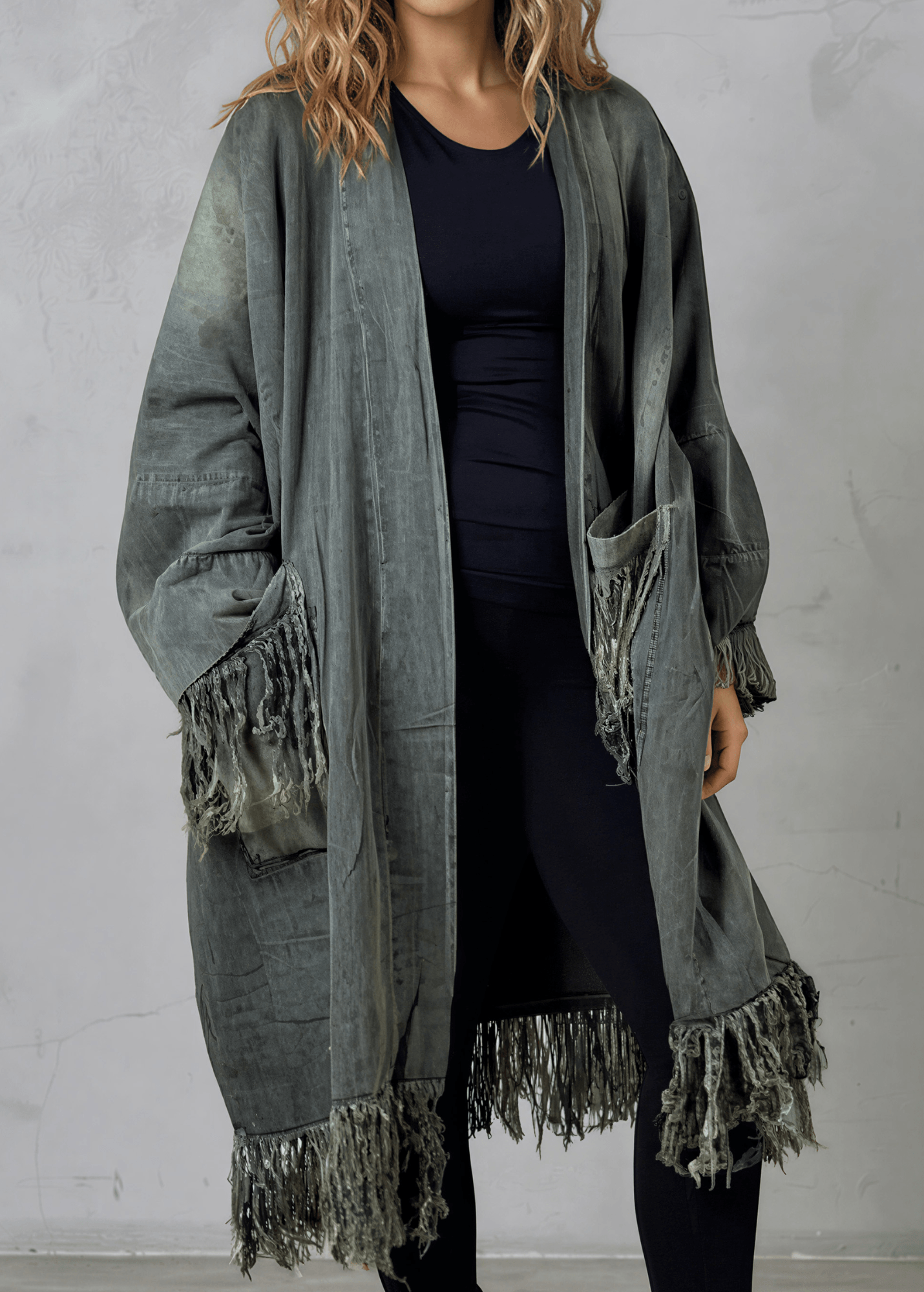 Jaded Gypsy Distressed Denim Fringe Duster