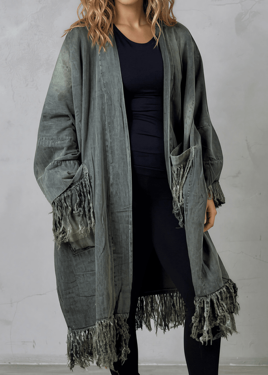 Jaded Gypsy Distressed Denim Fringe Duster