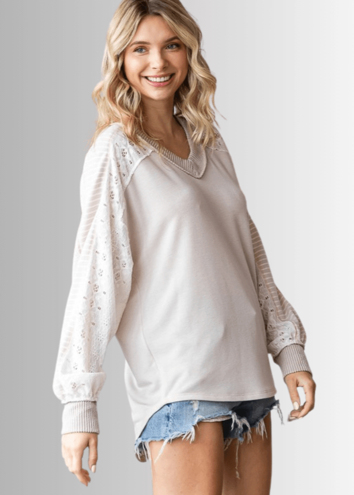 Kayleigh Mixed Fabric Lace Detail Long Sleeve Top- CLEARANCE FINAL SALE