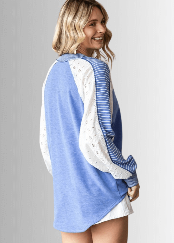 Kayleigh Mixed Fabric Lace Detail Long Sleeve Top- CLEARANCE FINAL SALE