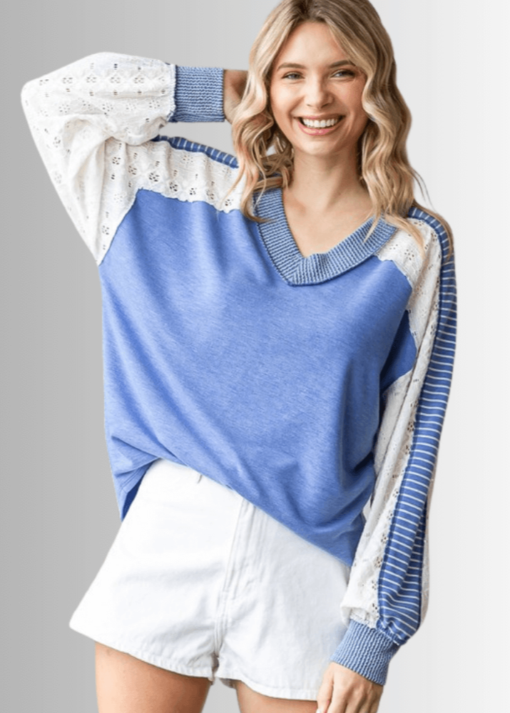 Kayleigh Mixed Fabric Lace Detail Long Sleeve Top- CLEARANCE FINAL SALE