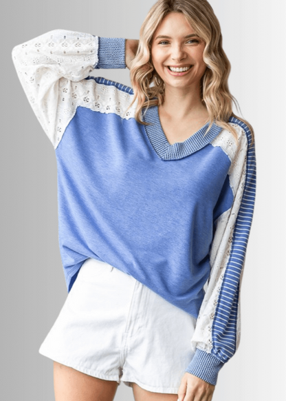 Kayleigh Mixed Fabric Lace Detail Long Sleeve Top- CLEARANCE FINAL SALE
