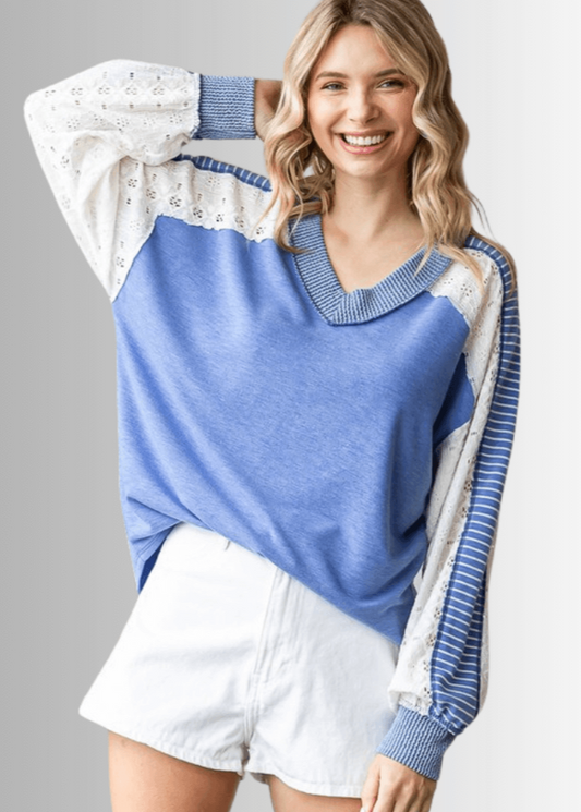 Kayleigh Mixed Fabric Lace Detail Long Sleeve Top- CLEARANCE FINAL SALE