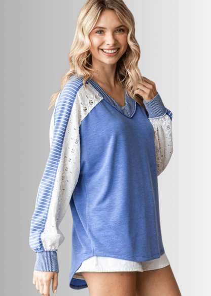 Kayleigh Mixed Fabric Lace Detail Long Sleeve Top- CLEARANCE FINAL SALE