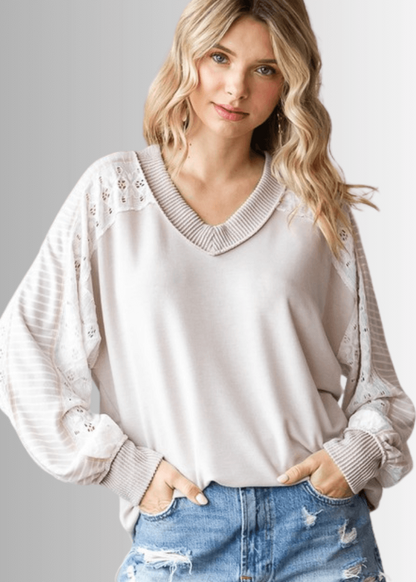 Kayleigh Mixed Fabric Lace Detail Long Sleeve Top- CLEARANCE FINAL SALE