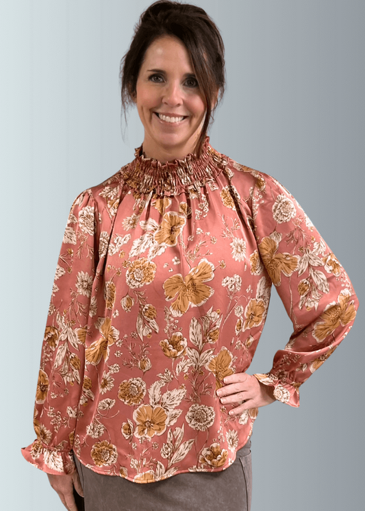 Mauve Floral Smocked Mock Neck Top - CLEARANCE FINAL SALE