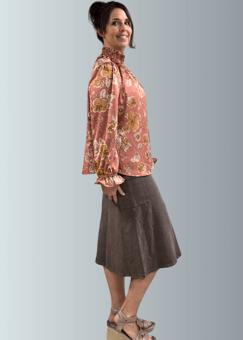 Mauve Floral Smocked Mock Neck Top - CLEARANCE FINAL SALE