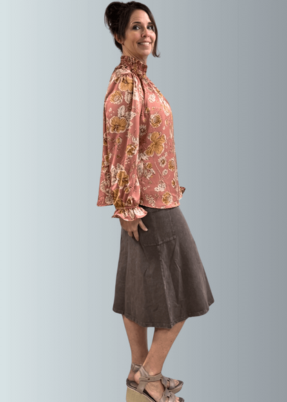 Mauve Floral Smocked Mock Neck Top - CLEARANCE FINAL SALE