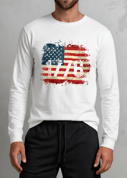 1776 Distressed American Flag Men's White Long Sleeve T-Shirt Patriotic Made in USA 4th of July