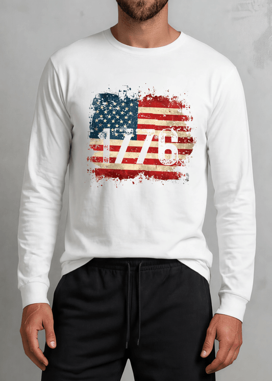 1776 Distressed American Flag Men's White Long Sleeve T-Shirt Patriotic Made in USA 4th of July