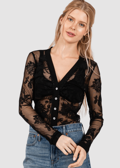 Floral Lace Sheer Bodysuit in Black Made in USA