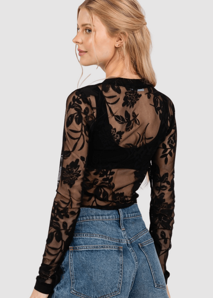 Floral Lace Sheer Bodysuit in Black Made in USA