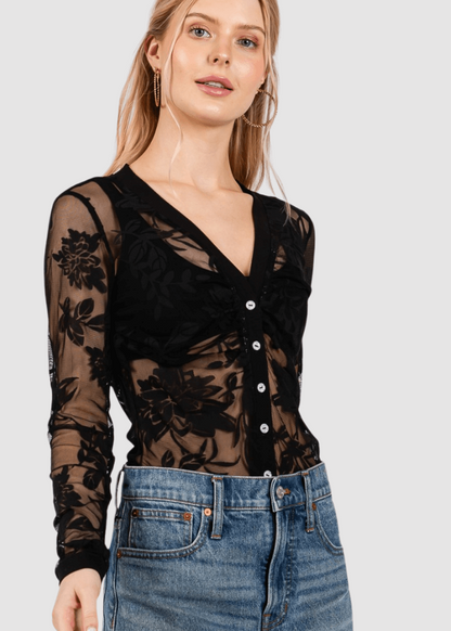Floral Lace Sheer Bodysuit in Black Made in USA