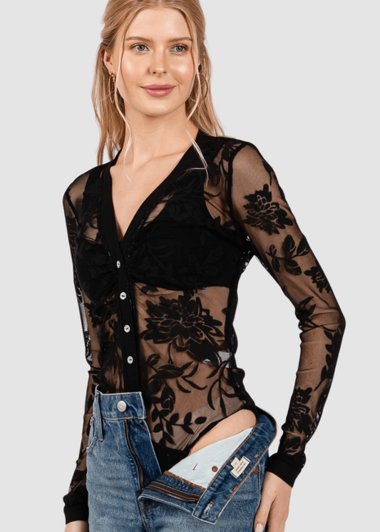 Floral Lace Sheer Bodysuit in Black Made in USA