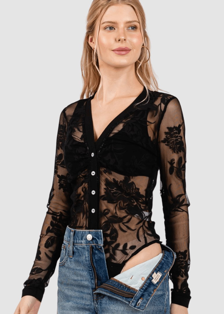 Floral Lace Sheer Bodysuit in Black Made in USA