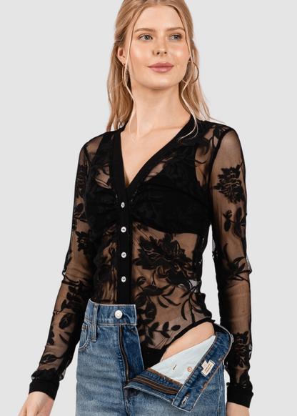 Floral Lace Sheer Bodysuit in Black Made in USA