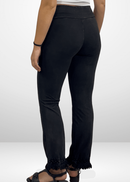 Mineral Washed Cropped Pants with Crochet Fringe Hem (Black)