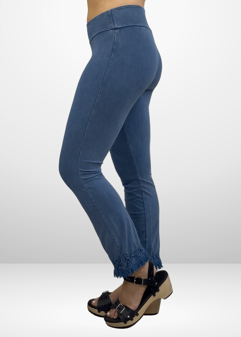 Mineral Washed Crochet Fringe Hem Pants (Light Denim)