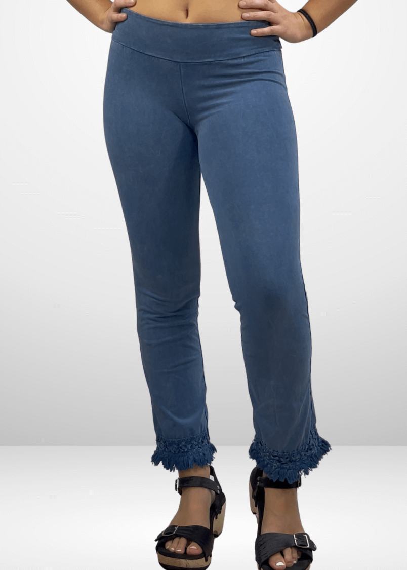 Mineral Washed Crochet Fringe Hem Pants (Light Denim)