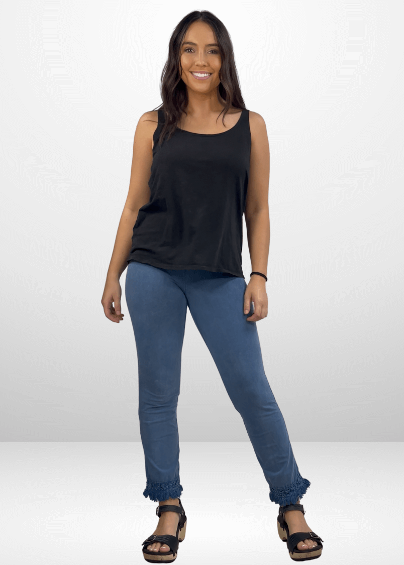 Mineral Washed Crochet Fringe Hem Pants (Light Denim)