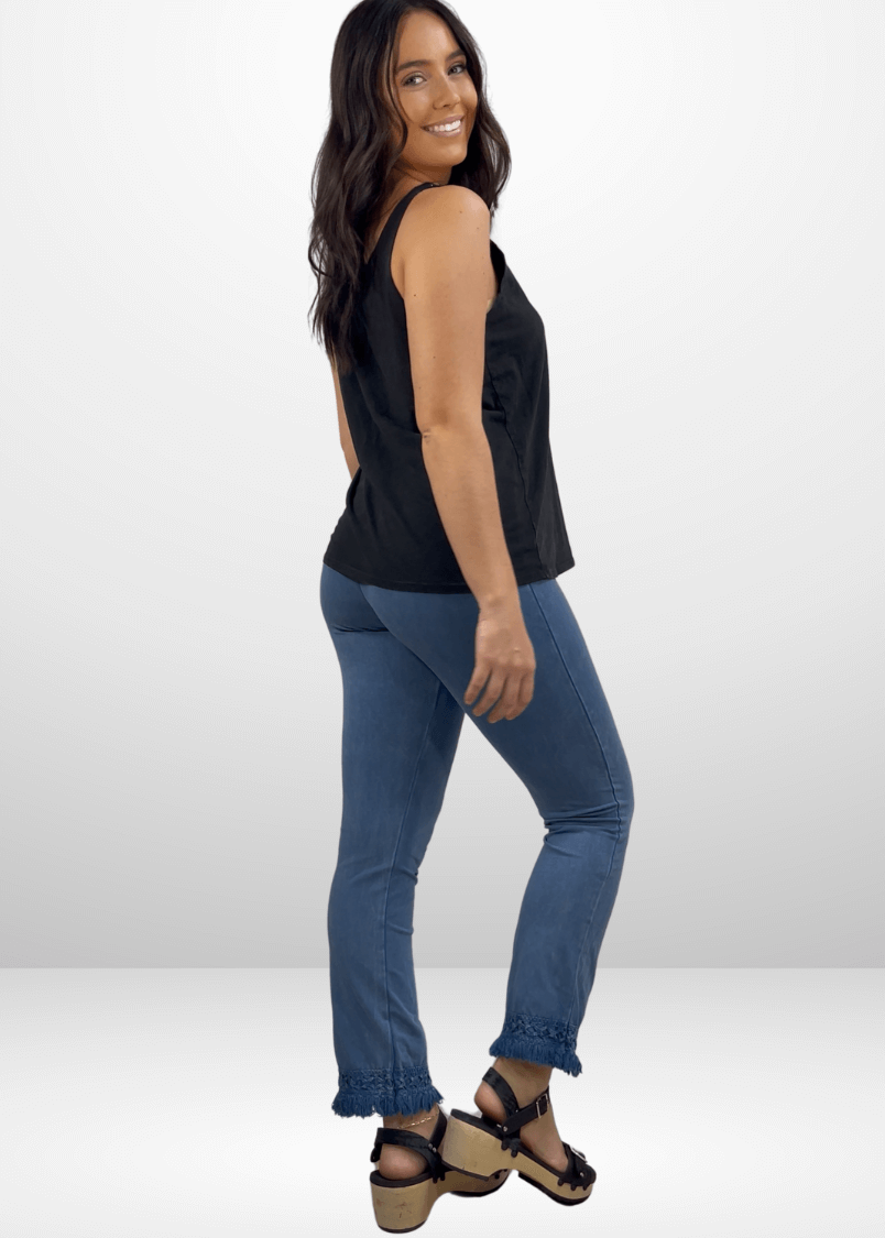 Mineral Washed Crochet Fringe Hem Pants (Light Denim)