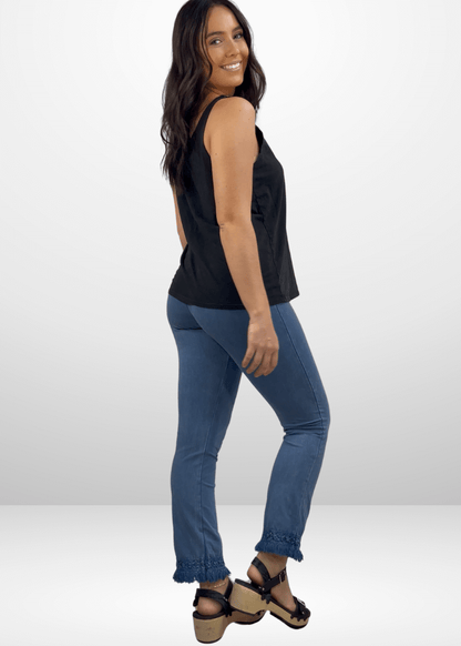 Mineral Washed Crochet Fringe Hem Pants (Light Denim)