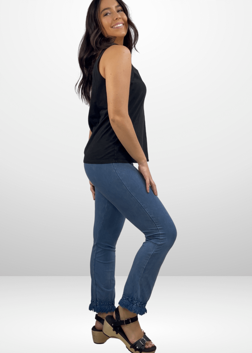 Mineral Washed Crochet Fringe Hem Pants (Light Denim)