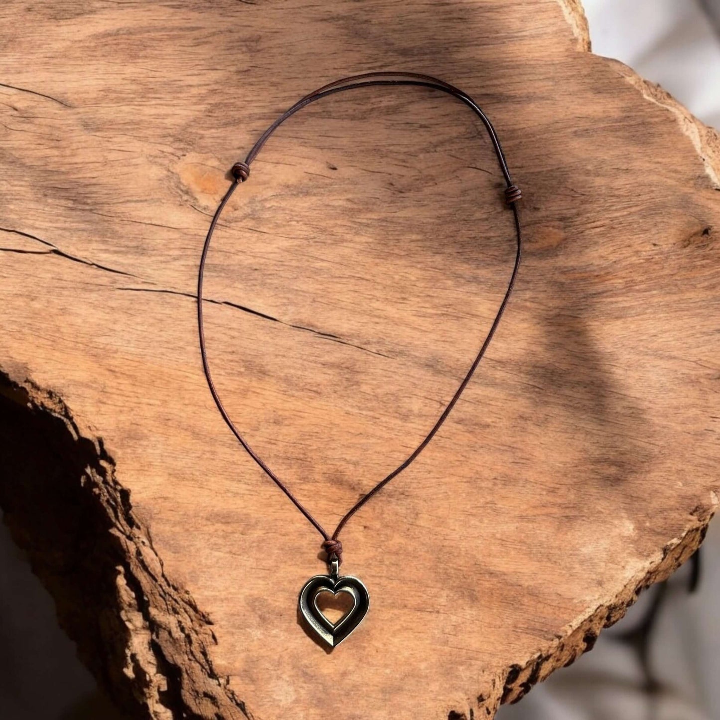 LOVE Heartbeat Necklace - Solid Bronze on Leather Cord