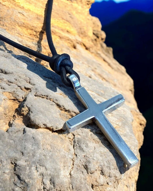 Classic Cross Necklace - Sterling Silver on Leather Cord