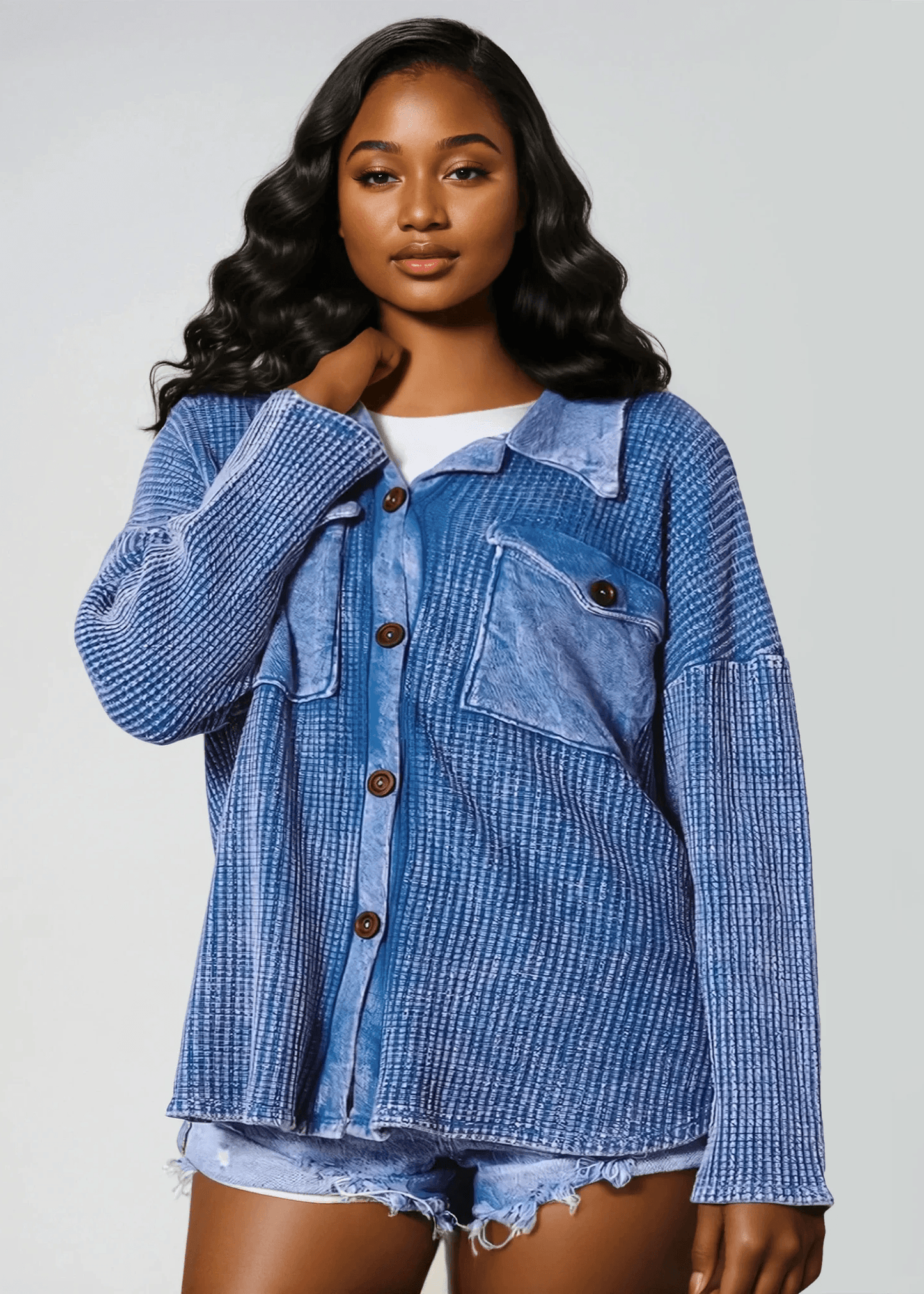 Denim Blue Plus Size Vintage Wash Cotton Shacket - CLEARANCE FINAL SALE