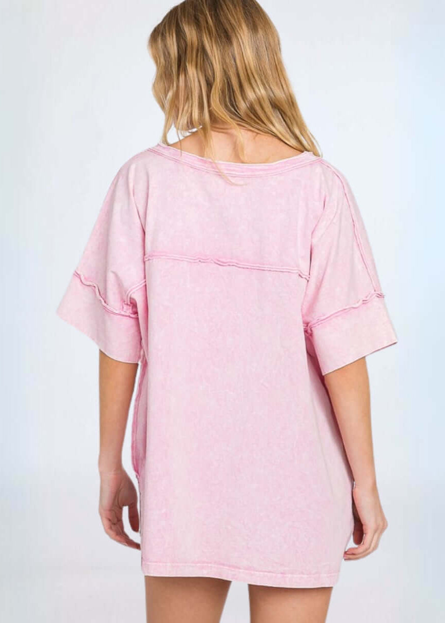 All Cotton Pink Mineral Washed V-Neck Made in USA