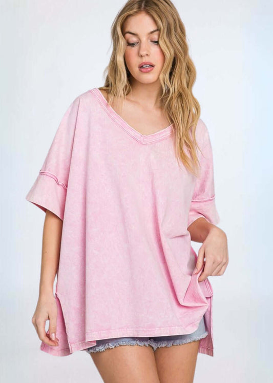 All Cotton Pink Mineral Washed V-Neck Made in USA