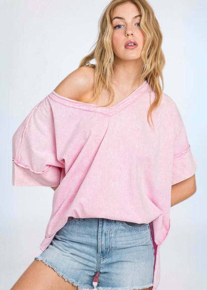 All Cotton Pink Mineral Washed V-Neck Made in USA