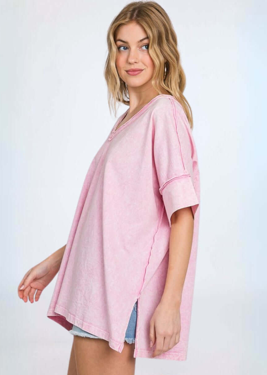 All Cotton Pink Mineral Washed V-Neck Made in USA