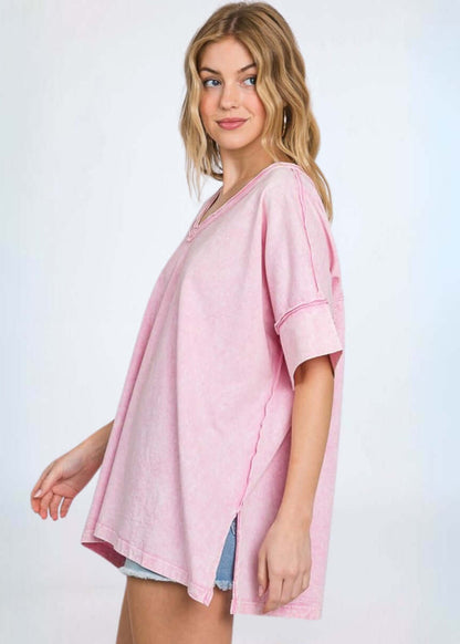 All Cotton Pink Mineral Washed V-Neck Made in USA