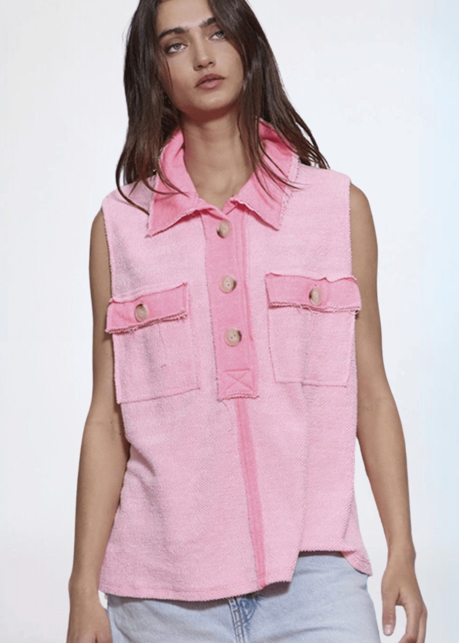 Bucket List Contrast Pocket Sleeveless Henley CLEARANCE FINAL SALE