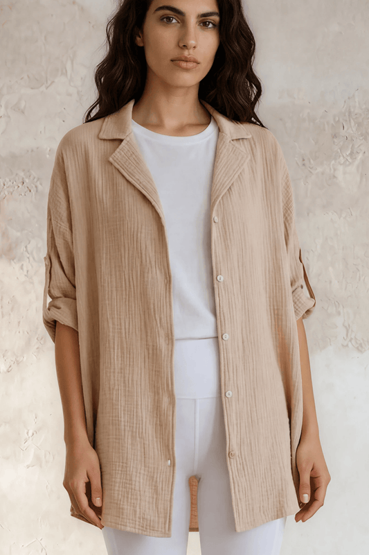 Rachel Slouchy Cotton Gauze Button Down Top (Oatmeal)