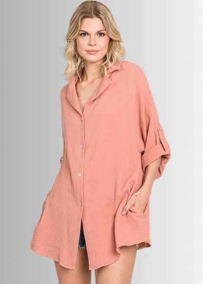 Rachel Slouchy Cotton Gauze Button Down Top